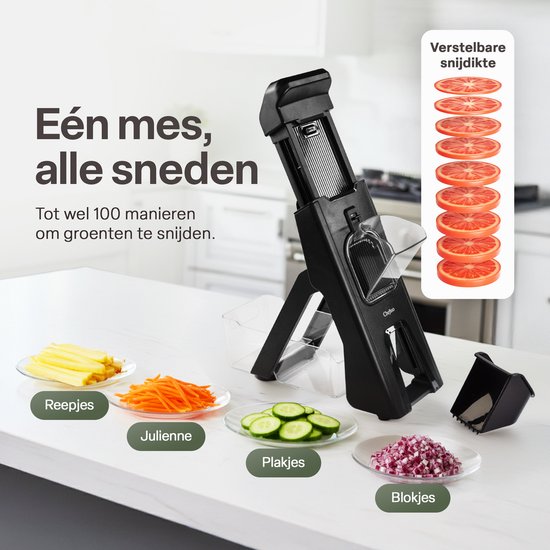 Mandoline - Groentesnijder met Opvangbak – Verstelbare Groente Snijder – Julienne Snijder – Blokjessnijder – Groente Hakker – Mandoline Keuken – Komkommer, Ui en Groente Snijden - Uiensnijder — Keukensnijder — Vaatwasserbestendig