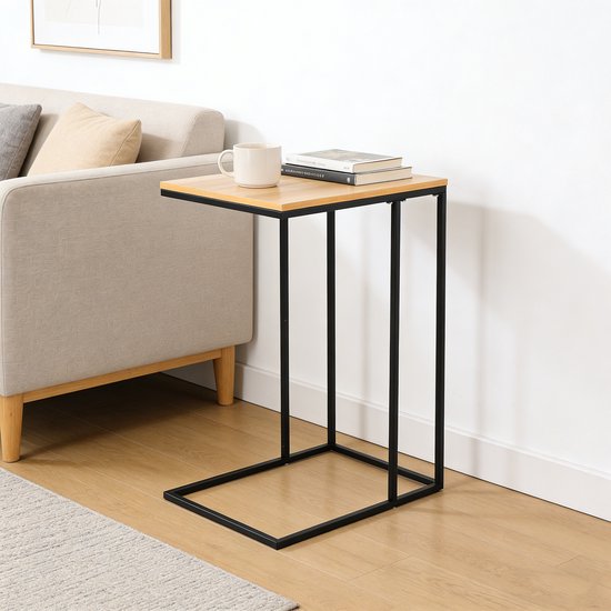 Bijzettafel Industrieel – Laptoptafel Bank – C-vorm Tafel – Smalle Bijzettafel – Houtlook Blad – Metaal Frame – Voor Woonkamer en Slaapkamer