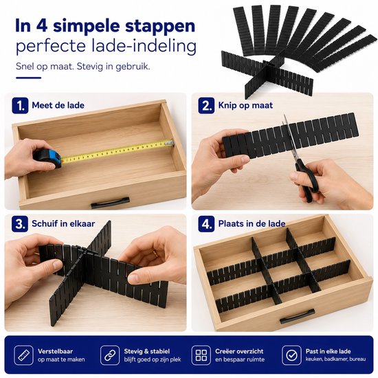 Verstelbare Ladeverdelers 12-delig – Op Maat Knipbaar – Lade Organizer – Modulair Opbergsysteem voor Keuken, Badkamer, Bureau & Make-up