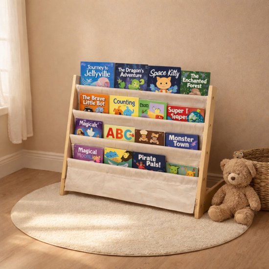 Kinderboekenkast - Bruin - Hout met Linnen - Kinderboekenrek - Boekenrek Kinderkamer