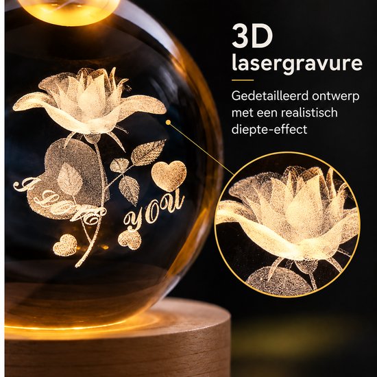 DMG Supply 3D Kristallen Bol Lamp - USB Oplaadbaar - LED Lamp - Nachtlamp - Tafellamp - Bureaulamp