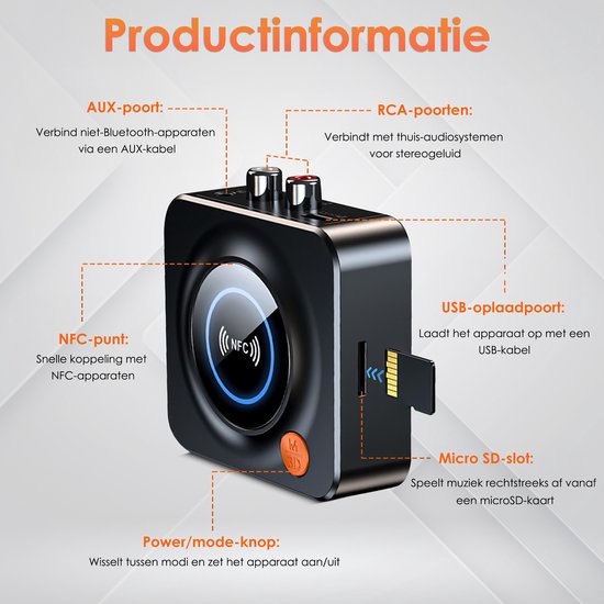 Vesfy Bluetooth Ontvanger - Bluetooth 5.1 Adapter - NFC - AUX & RCA - Voor Stereo, Speakers & Auto