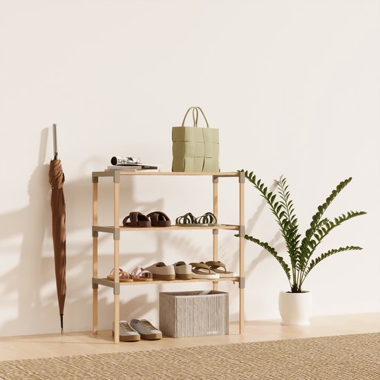 Fixwood Schoenenrek 3 Lagen – Beige - Houten Schoenenkast – Compact & Ruimtebesparend Schoenenrek voor 9+ Paar – Modern Design – 51 x 23 x 57 cm