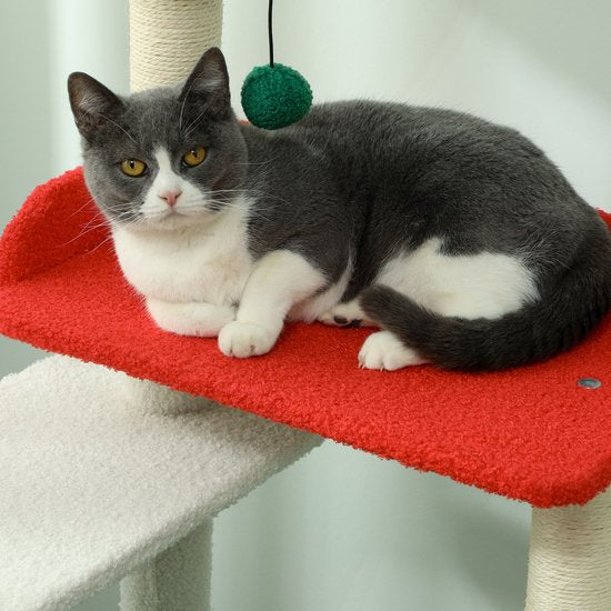 Katten Krabpaal in kerstkleuren met kattenhuis springplatforms en speelgoedballen