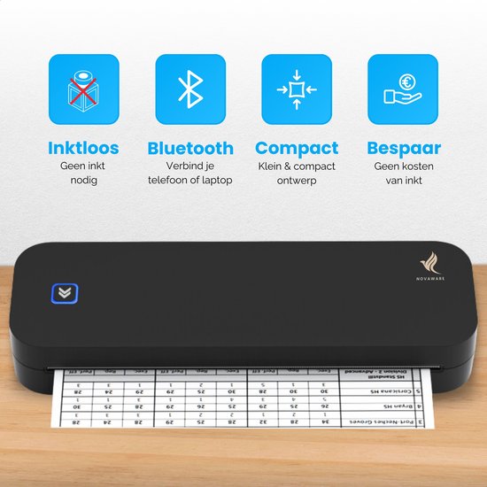 NovaWare® Thermische Printer A4 - Sticker Printer - Pocket Printer - Mini Printer voor Mobiel - Laptop - tablet - Verzendlabel - Barcode - Tattoo - Portable Printer - Shipping Label - Zwart