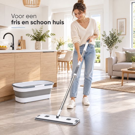 Dweilset met Emmer – Vlakmop met Opvouwbare Emmer – 360° Draaibare Mop – Telescopische Steel 127 cm – Inclusief 2 Microvezeldoeken – Wit-Grijs - Dwijl