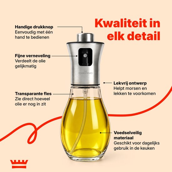 Oliespray 200 ml – Olieverstuiver voor Koken, Airfryer & BBQ – Fijne Verneveling – Glazen Oliespuit – RVS Drukknop – Inclusief Trechter, Reinigingsborstel & Bakkwast
