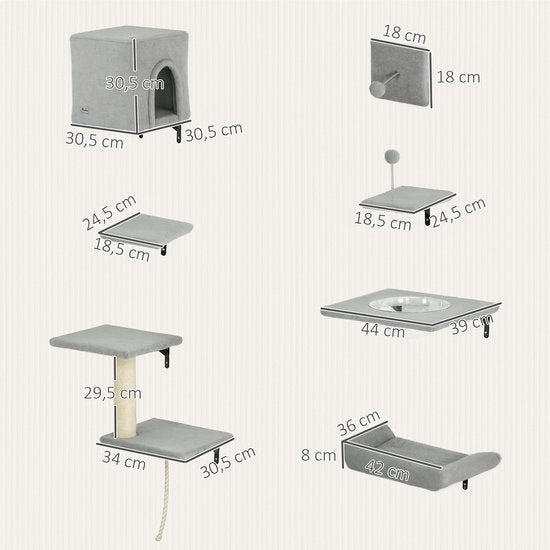 7-Delig Kattenklimmuur Set met Kattenhuis - Platformen - Grijs