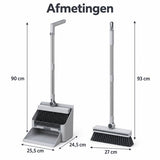 Bezem en Stoffer en Blik met Lange Steel – 4-in-1 Schoonmaakset – Staand Stofblik met Schoonmaaktanden – Vloerborstel met 180° Draaibare Kop – Compact Opbergbaar – Grijs