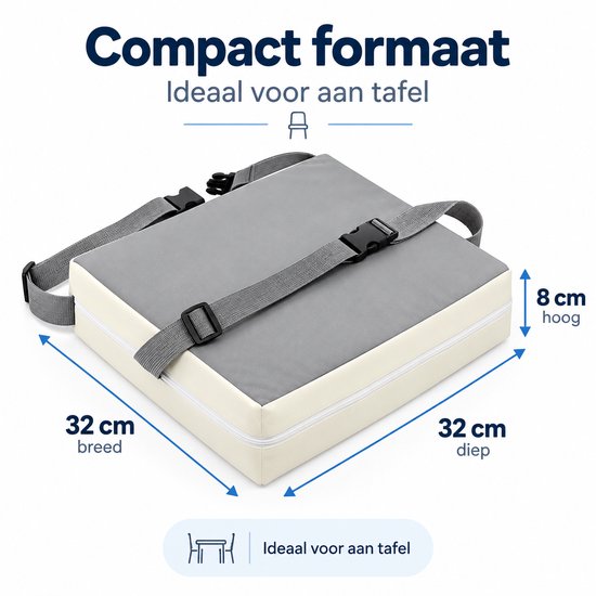 Stoelverhoger Kind – Zitverhoger voor Eetkamerstoel – 32 x 32 x 8 cm – Booster Seat met Verstelbare Riemen – Afneembare Hoes – Zitkussen voor aan Tafel