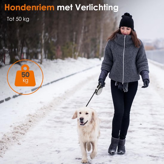 Hondenriem 5 meter met Lamp - Tot 50KG - Geschikt voor Grote & Kleine Honden - Rollijn hond - Automatische Rollijn