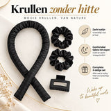 Heatless Curls Set – Krullen Zonder Hitte – Satijnen Krulband – Overnight Hair Curler – Inclusief 2 Scrunchies & Haarklem – Zwart