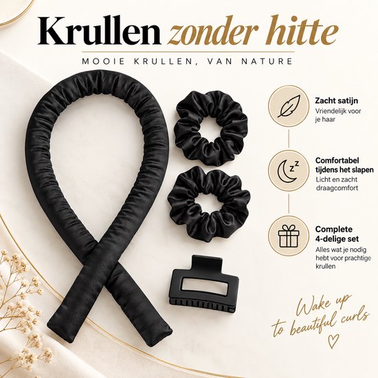 Heatless Curls Set – Krullen Zonder Hitte – Satijnen Krulband – Overnight Hair Curler – Inclusief 2 Scrunchies & Haarklem – Zwart