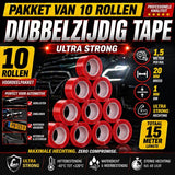 24ME® Pakket met 10 Rollen Dubbelzijdig Montagetape - Totaal 15 meter - Sterke Hechting - Transparant - Ultra Strong