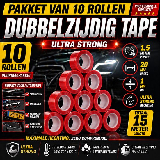 24ME® Pakket met 10 Rollen Dubbelzijdig Montagetape - Totaal 15 meter - Sterke Hechting - Transparant - Ultra Strong