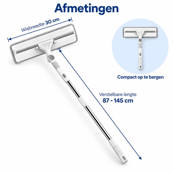 Raamwisser met Telescopische Steel – 2-in-1 Raamreiniger met Microvezel Inwasser – Uitschuifbaar 87-145 cm – 30 cm Wisser – Draaibare Kop