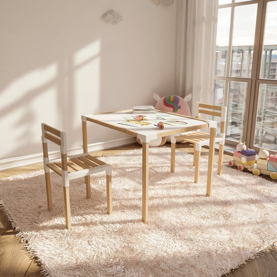Fixwood Kinder Tafel- en Stoelenset – Natuurlijk Hout & Kunststof – Duurzaam Speel- en Leermeubel – 3-delig (1 Tafel + 2 Stoelen)
