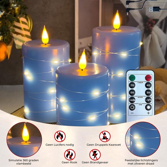 NovaWare LED Kaarsen met Bewegende Vlam - Set van 3 - Kaarsen op batterijen met afstandsbediening – Elektrische Kaarsen - Flikkerende vlam - Oplaadbaar - Timer en Dimfunctie - Blauw