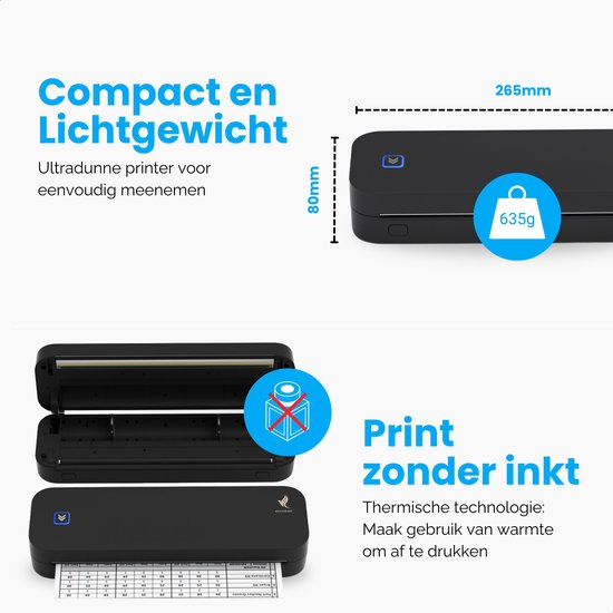 NovaWare® Thermische Printer A4 - Sticker Printer - Pocket Printer - Mini Printer voor Mobiel - Laptop - tablet - Verzendlabel - Barcode - Tattoo - Portable Printer - Shipping Label - Zwart