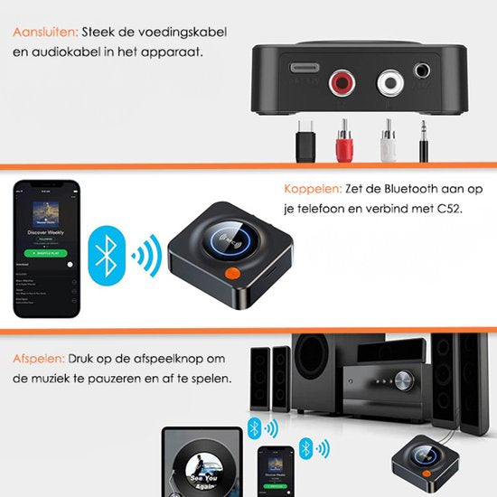 Vesfy Bluetooth Ontvanger - Bluetooth 5.1 Adapter - NFC - AUX & RCA - Voor Stereo, Speakers & Auto