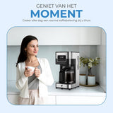 NovaWare Koffiezetapparaat Filterkoffie - 1.5L – Met Glazen Kan & Herbruikbaar Filter - Koffiemachines - Display – 12 Kopjes – Zwart-RVS