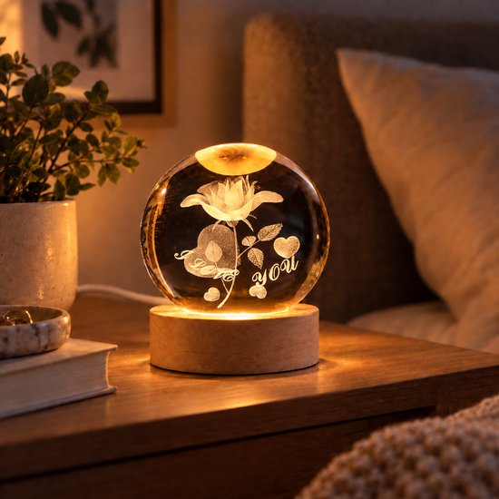DMG Supply 3D Kristallen Bol Lamp - USB Oplaadbaar - LED Lamp - Nachtlamp - Tafellamp - Bureaulamp