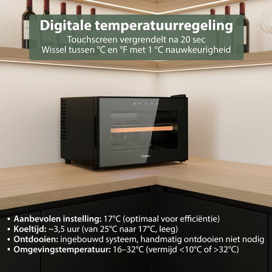 Wijnkoelkast - Wijn Klimaatkast voor 8 Flessen - Zwart - Instelbare Temperatuur van 5°C tot 18°C - Wijnkoelkast Liggend - Liggende Wijnkoeler