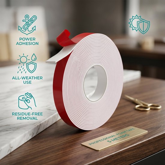24ME® - Pakket van 5 rollen - 25 Meter Extra Sterk Dubbelzijdig PE Foam Tape - Wit - 20mm x 1mm - 5 Rollen Meter - Extra Sterke Kleefkracht