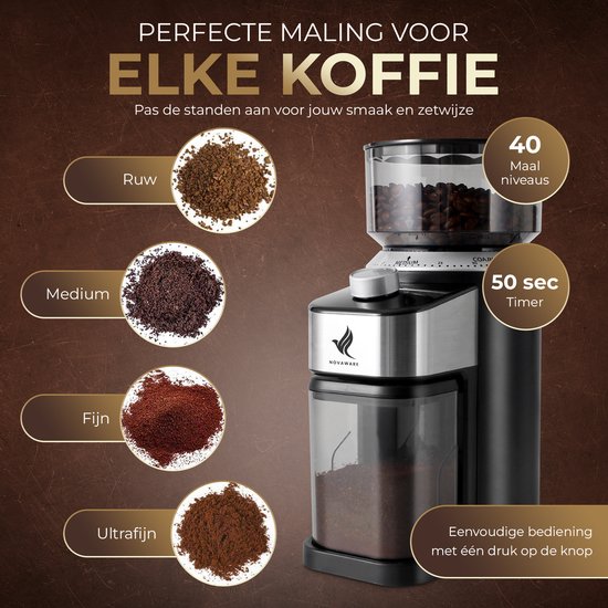 NovaWare Koffiemolen Pro – Elektrische Koffiemolen – Koffiebonen maler – Koffiemaler - Coffee Grinder - Zwart