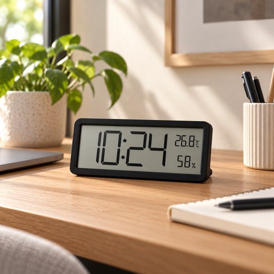 Digitale Wandklok met Thermometer & Hygrometer – Grote LCD Klok – Temperatuur- en Luchtvochtigheidsmeter – Tafelklok & Wandklok – Zwart
