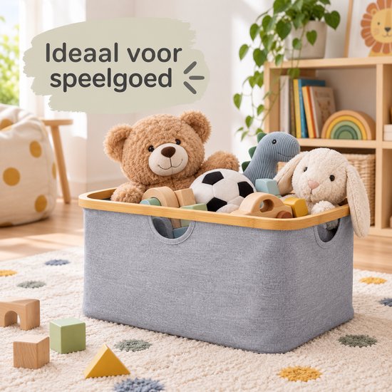 Wasmand 45 Liter – Opvouwbare Wasmand met Bamboe Rand – Wasmand Groot met Handgrepen – Stoffen Opbergmand voor Wasgoed, Speelgoed & Handdoeken – Grijs - Heupwasmand