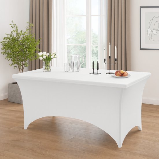 Rechthoekige Tafelhoes Stretch – 180 x 75 x 75 cm – Elastisch & Strak – Wasbaar – Wit – Voor Feesten, Beurzen & Evenementen