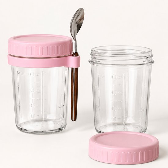 Overnight Oats Potjes Glas – Set van 4 – 400 ml – Inclusief Lepels – Meal Prep Potjes – Yoghurt Bekers met Deksel – To Go Ontbijtpotjes