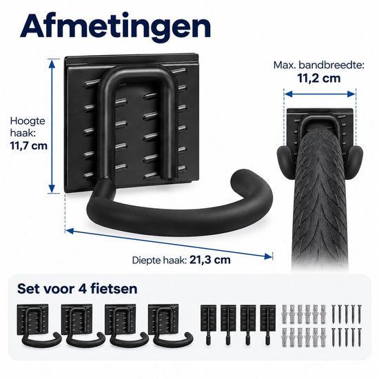 Fietsenrek Muur voor 4 Fietsen – Fiets Ophangsysteem Wand – Fietshouder met Rails & 8 Haken – Fiets Muurbeugel voor Garage en Schuur – Zwart