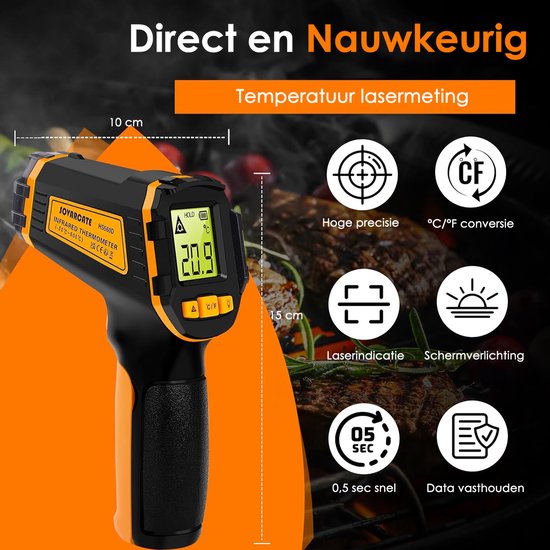 Vesfy Digitale Infrarood Thermometer - Bereik -50 t-m +490 °C - IR Thermometer - Warmtemeter - Vleesthermometer