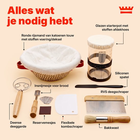 Zuurdesem Starterset – Complete Broodbakset met Rijsmand 23 cm – Glazen Starterpot – Deense Deeggarde – Deegschrapers – Broodmesje – Bakset voor Zuurdesembrood