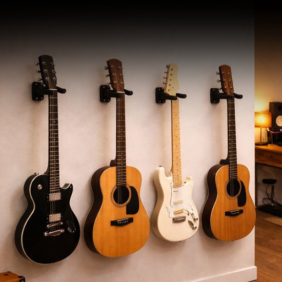 Gitaar Muurbeugel Set van 4 – Gitaarhouder Wand – Verstelbare Gitaarsteun – Universele Gitaar Wandhouder met Zachte Beschermlaag – Geschikt voor Akoestische & Elektrische Gitaar