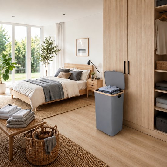 Wasmand met Deksel – Opvouwbare Wasmand – Wasbox 100L – Wassorteerder met Binnenzak – Grijs – Voor Badkamer, Slaapkamer en Wasruimte