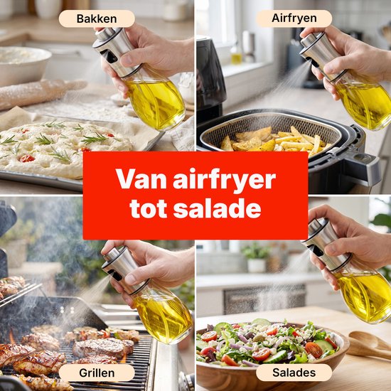 Oliespray 200 ml – Olieverstuiver voor Koken, Airfryer & BBQ – Fijne Verneveling – Glazen Oliespuit – RVS Drukknop – Inclusief Trechter, Reinigingsborstel & Bakkwast