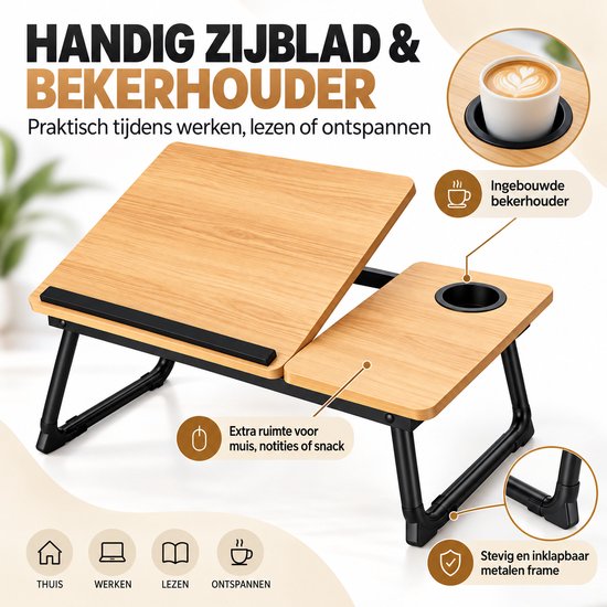 Laptoptafel voor Bed & Bank – Inklapbare Bedtafel met Verstelbaar Werkblad – Bekerhouder & Zijblad – Laptopstandaard van Bamboe – Tot 45 kg
