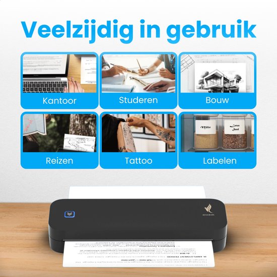 NovaWare® Thermische Printer A4 - Sticker Printer - Pocket Printer - Mini Printer voor Mobiel - Laptop - tablet - Verzendlabel - Barcode - Tattoo - Portable Printer - Shipping Label - Zwart