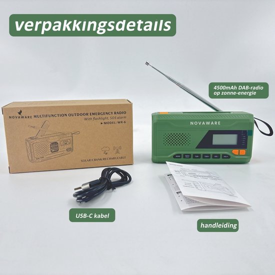 NovaWare® Noodradio Solar Opwindbaar - Powerbank Zonneenergie met 4500mAh - DAB+-FM - Noodpakket - Bluetooth speaker - Draagbare Radio - Groen