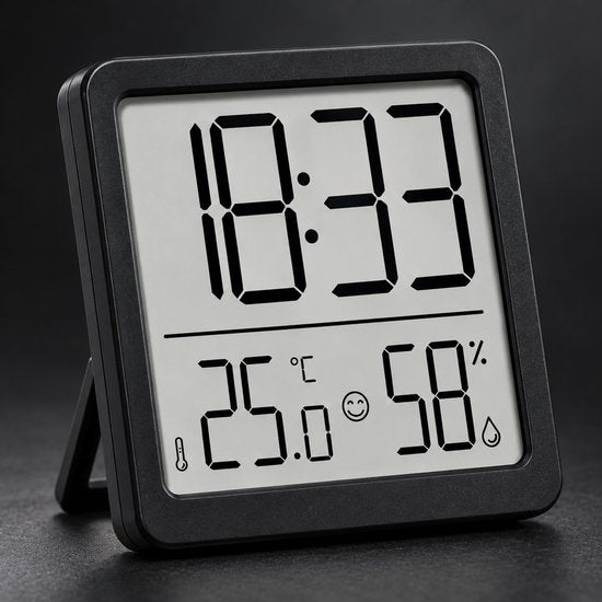 Digitale Thermometer Hygrometer met Klok – Binnen Thermometer – Luchtvochtigheidsmeter – Groot LCD Display – Temperatuur, Luchtvochtigheid & Tijd – Zwart