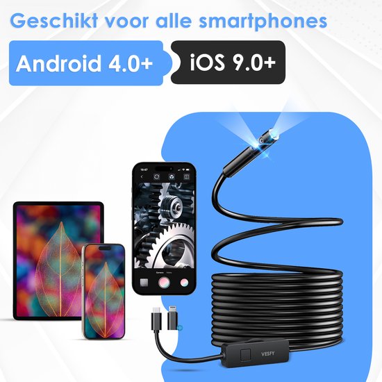 Vesfy Inspectiecamera Met App en Dubbele Camera - Verlichting - 5 Meter - 1920P HD - Android-IOS - IP67 Waterdicht - Endoscoop