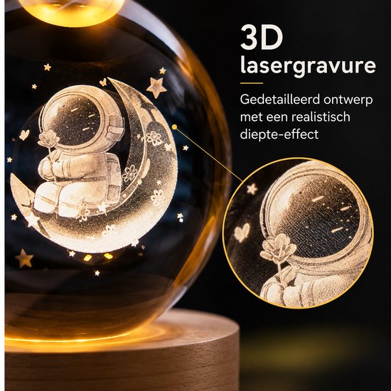 DMG Supply 3D Kristallen Bol Lamp - USB Oplaadbaar - LED Lamp - Nachtlamp - Tafellamp - Bureaulamp