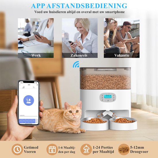 Automatische Voerbak - Kat en Hond - 2-in-1 Voerautomaat - Voice Recorder & Timer - App Besturing - 6L - Wit
