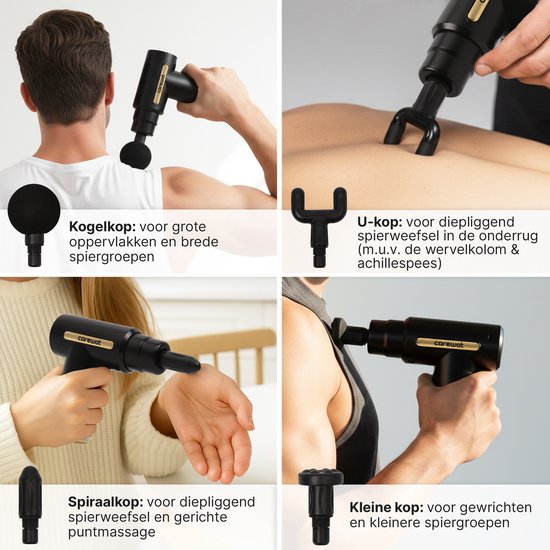 Carewat Massage Gun – Spiermassage Apparaat met 4 Opzetstukken – Draadloos – Stil – Oplaadbaar via USB-C – Spierontspanner voor Nek, Rug en Benen