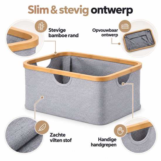 Wasmand 45 Liter – Opvouwbare Wasmand met Bamboe Rand – Wasmand Groot met Handgrepen – Stoffen Opbergmand voor Wasgoed, Speelgoed & Handdoeken – Grijs - Heupwasmand