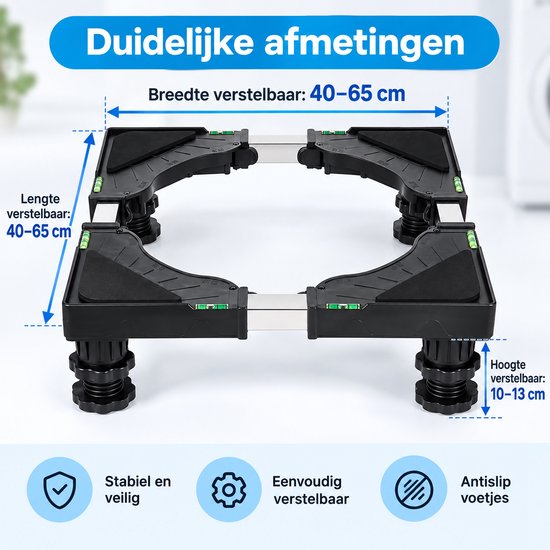 Wasmachine Verhoger Verstelbaar – Wasmachine Onderstel 40-65 cm – Hoogte 10-13 cm – Draagkracht 200 kg – Met Waterpas & Antislip – Voor Wasmachine, Droger en Koelkast