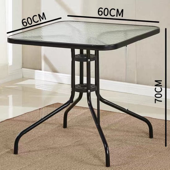 Vierkante Glazen Tuintafel – 60x60x70 cm – Gehard Glas – Stabiel Stalen Frame – Weerbestendig – Zwarte Bistrotafel voor Tuin, Balkon & Terras